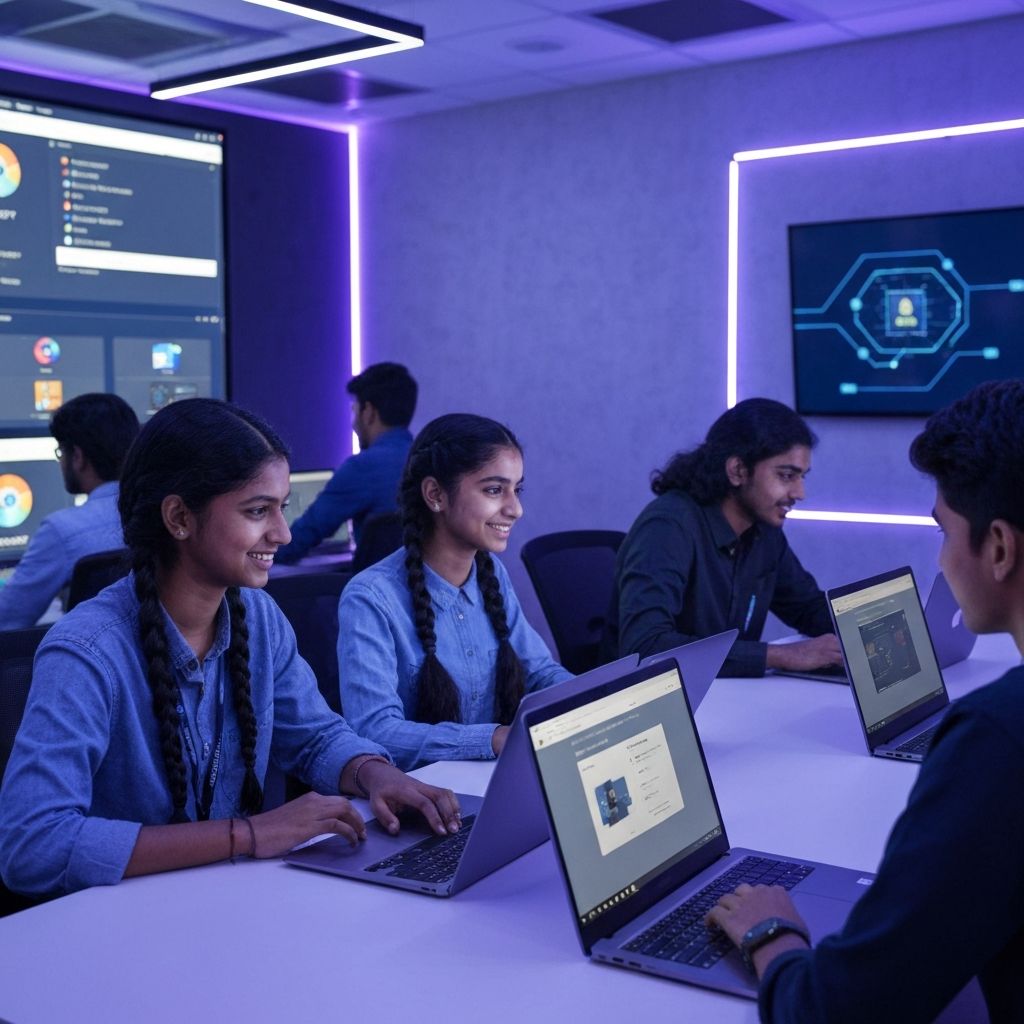 Students learning AI tools in a modern classroom